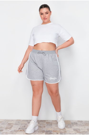 Gray Printed Piping Detailed Knitted Shorts & Bermuda
