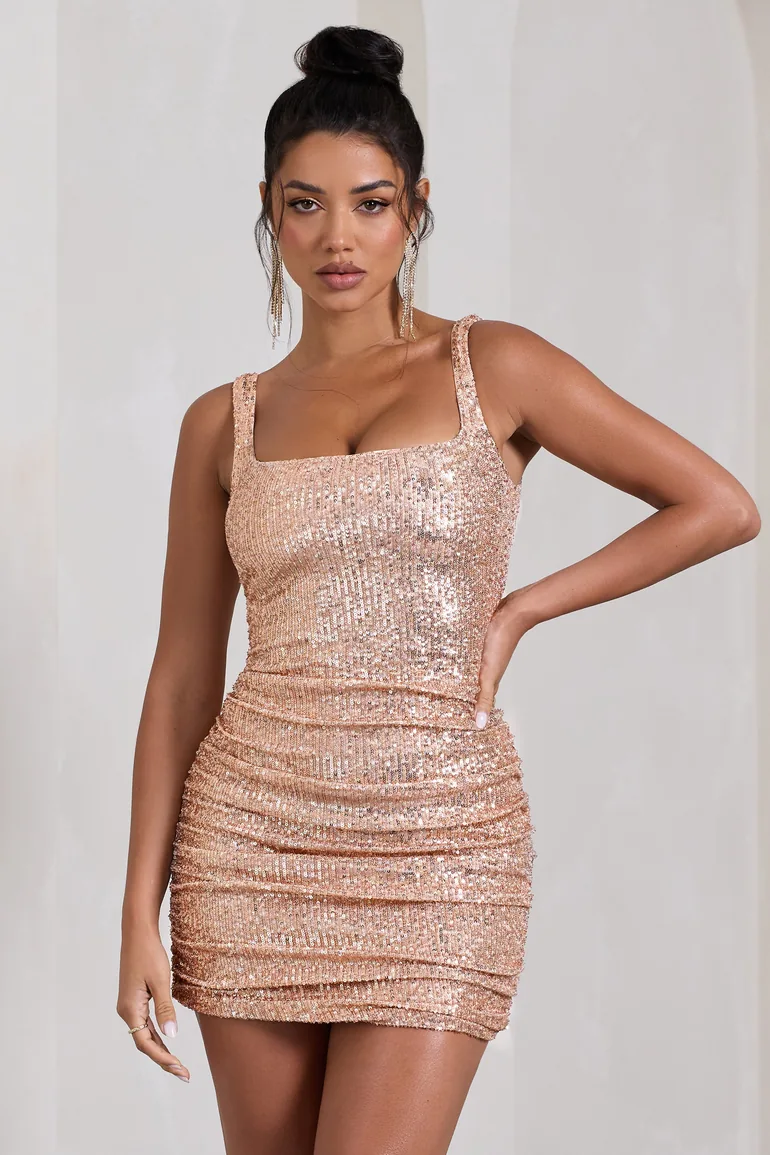 gold strappy sequin square neck bodycon dress Clarissa Halter Mini Lvlvs inspired bodice with padded cups Womens Lipsy Gold Premium Flower