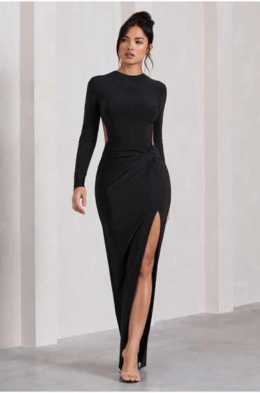 Miley | Black Long-Sleeved Open-Back Wrap Maxi Dress