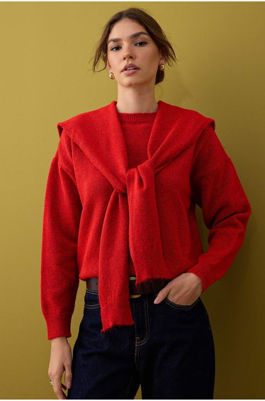 Red Soft Texture Wide Pattern Shawl Knitwear Sweater