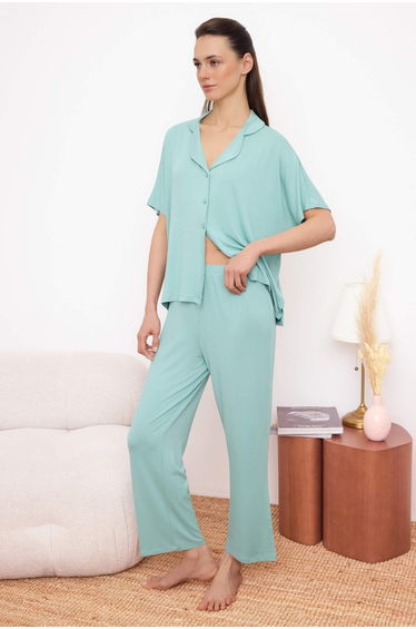 Mint Plain Viscose Single Jersey Knitted Pajama Set