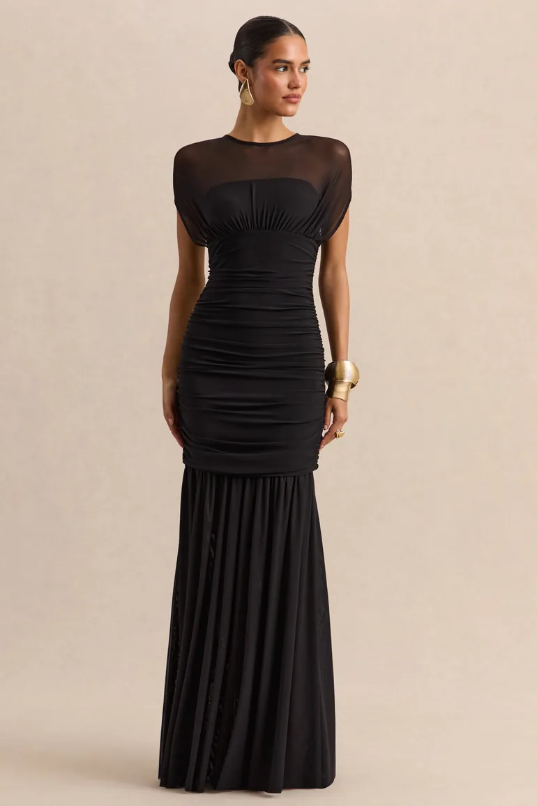 Kalene | Black Wide-Neck Maxi Dress With Sheer-Detailing - 3