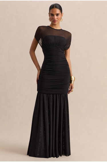 Kalene | Black Wide-Neck Maxi Dress With Sheer-Detailing