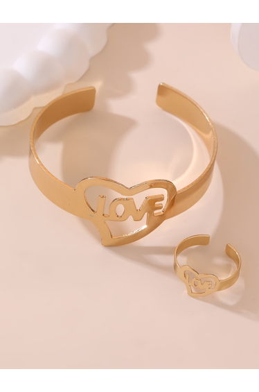 Set of 2 - Gold Heart Open Bangle with Ring