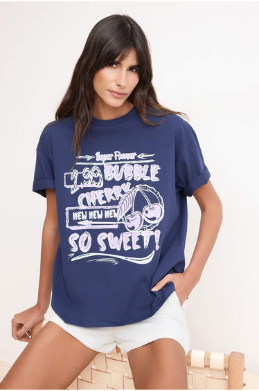 Navy Blue 100% Thick Cotton Printed Oversized /Relaxed Fit Knitted T-Shirt