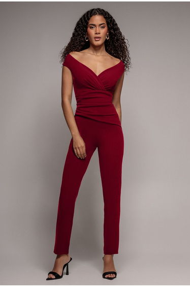 Scuba Crepe Wrap Bardot Jumpsuit - Wine by Goddiva