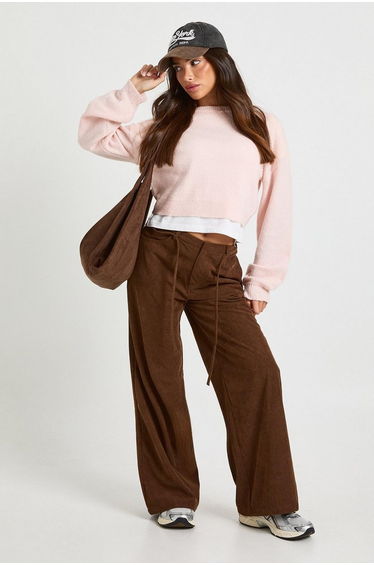 Petite Cord Tie Waist Wide Leg Trouser - chocolate