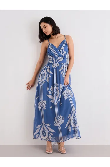 Blue Floral Print Strappy Maxi Dress