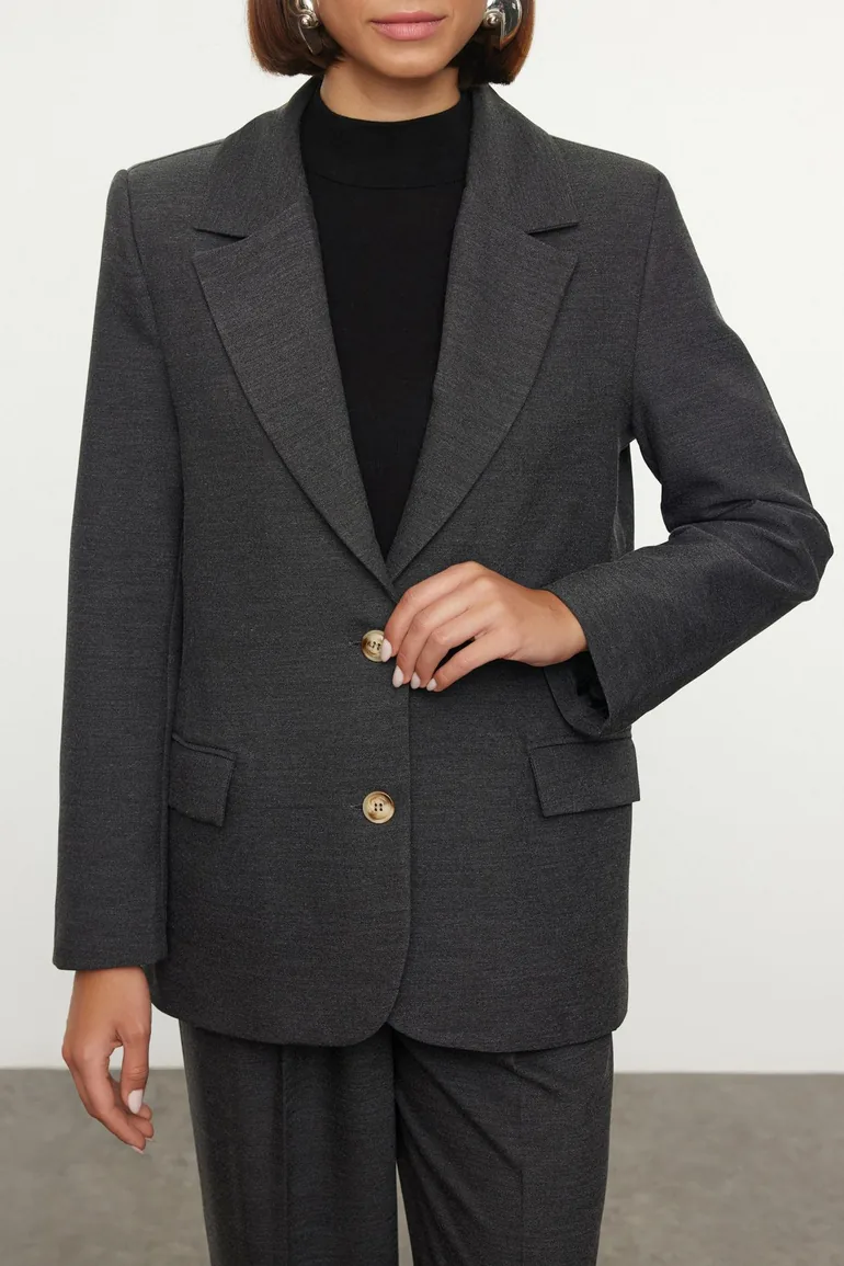 Black Polyviscon Basic Woven Blazer Jacket - 3