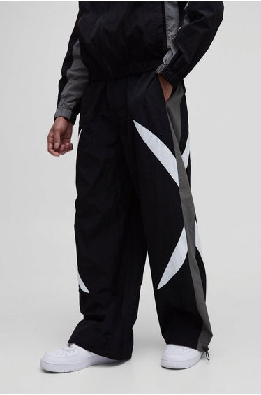 Elasticated Waist Parachute Side Stripe Pants - black