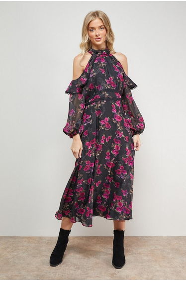 Cold Shoulder Ruffle Halterneck Midi Dress