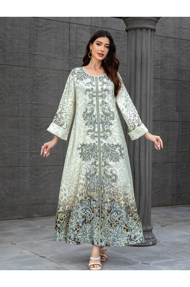 Floral Print Embellished Faux Pearl Jalabiya
