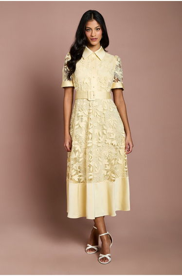 Petite Satin Trim Lace Shirt Midi Dress