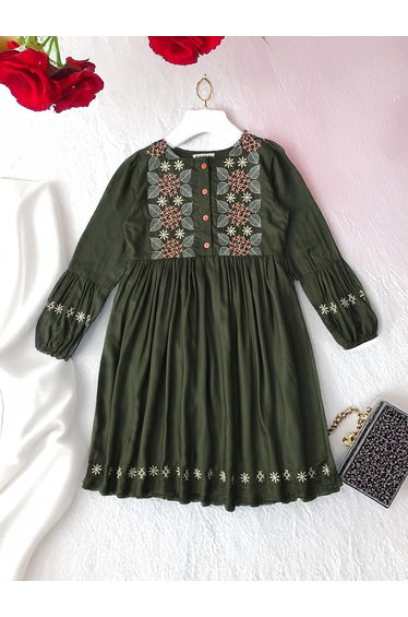Embroidered 3/4 Sleeves Cotton Dress with Button Front