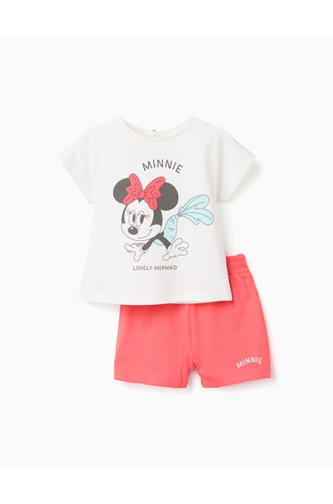 Cotton T-Shirt And Shorts With Minnie Print For Baby Girls, White/Red