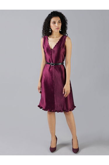 Pleated V Neck A-Line Midi Dress