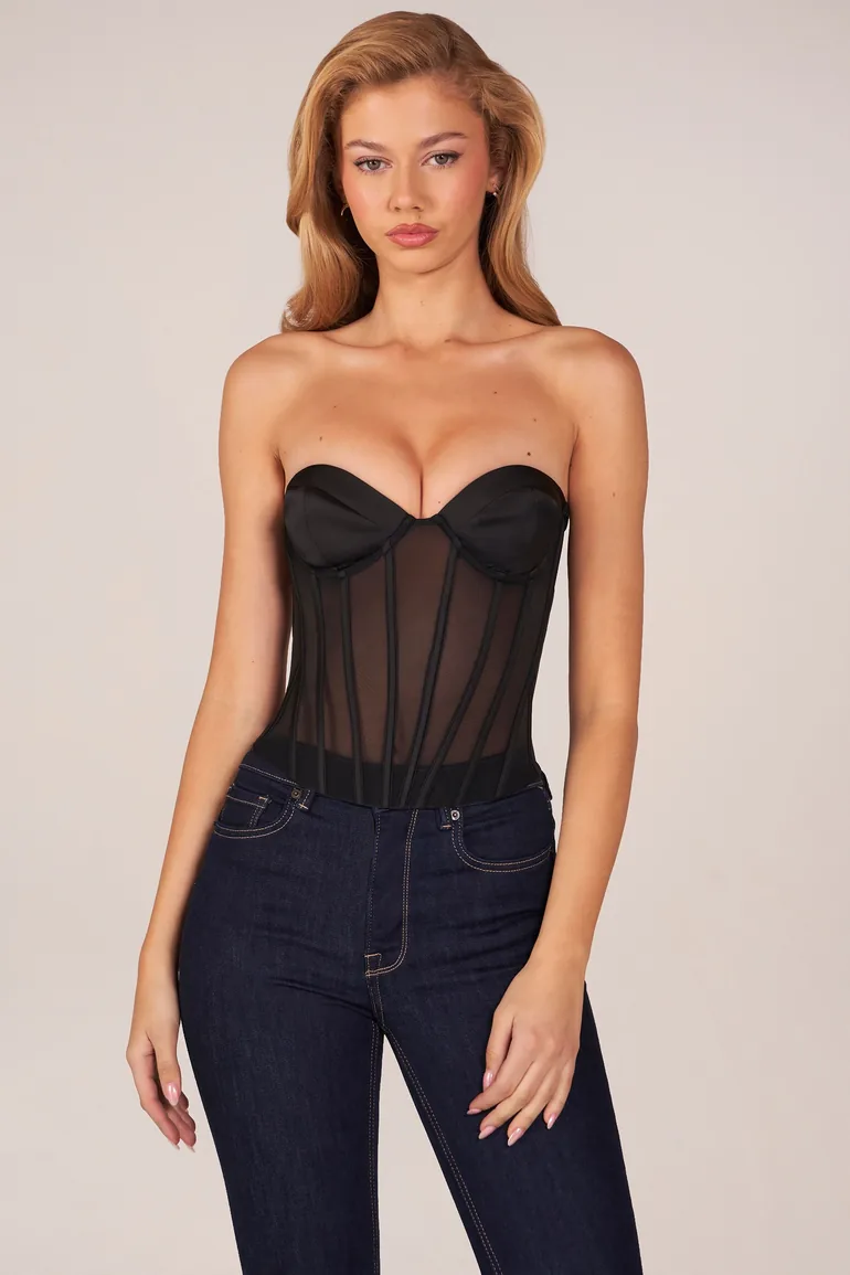 Bandeau Lace-Up Corset Top in Black - 7