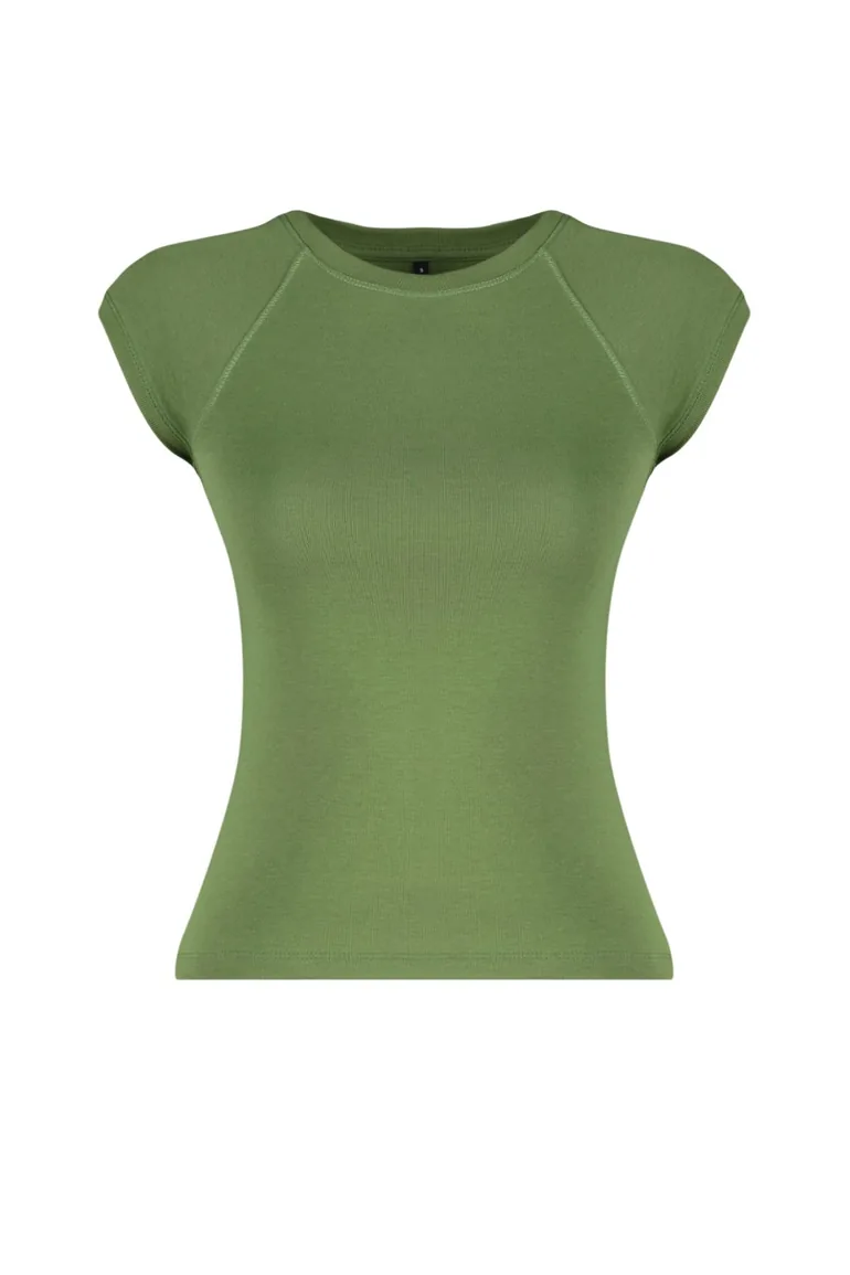 Khaki Moon Sleeve Fitted Stretchy Knitted Blouse - 6