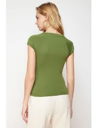 Khaki Moon Sleeve Fitted Stretchy Knitted Blouse - 5