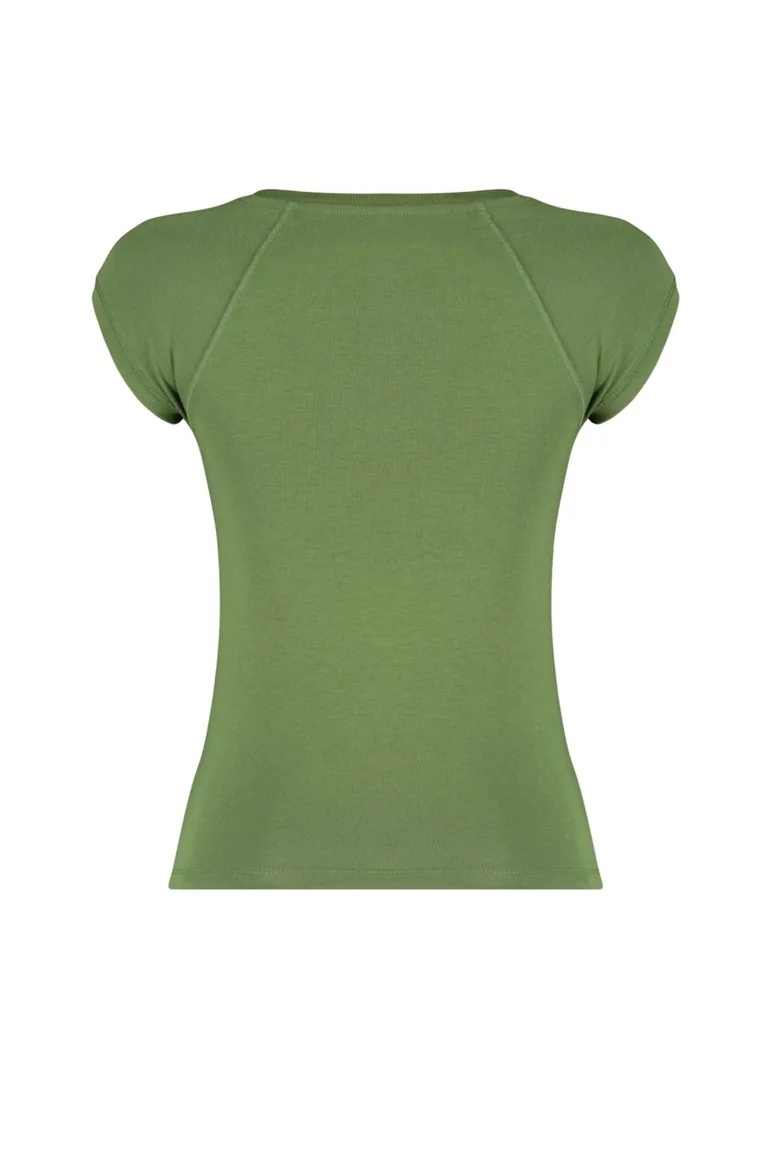 Khaki Moon Sleeve Fitted Stretchy Knitted Blouse - 7