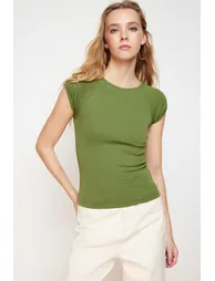 Khaki Moon Sleeve Fitted Stretchy Knitted Blouse - 2