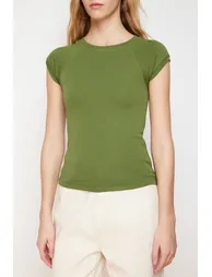 Khaki Moon Sleeve Fitted Stretchy Knitted Blouse - 3