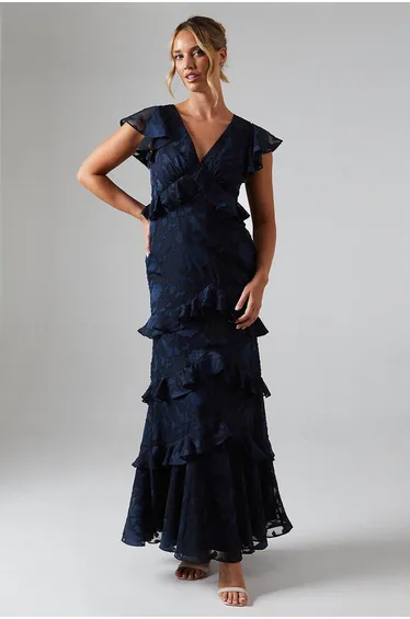 Floral Detail Fabric Tiered Skirt Bridesmaids Dress