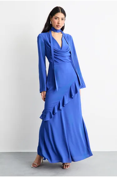 Long Sleeve Cowl Neck Ruffle Detail Maxi Dress