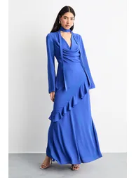 Long Sleeve Cowl Neck Ruffle Detail Maxi Dress