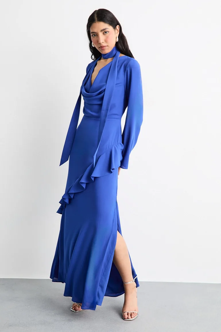 Long Sleeve Cowl Neck Ruffle Detail Maxi Dress - 3
