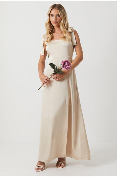 Petite Satin Tie Shoulder Maxi Bridesmaids Dress