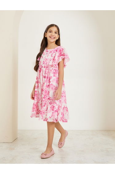 Girls Pink Floral Printed Chiffon Dress