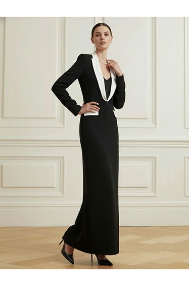 Long Sleeves Contrast Color Deep V-Neck Maxi Dresses