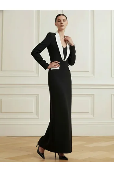 Long Sleeves Contrast Color Deep V-Neck Maxi Dresses