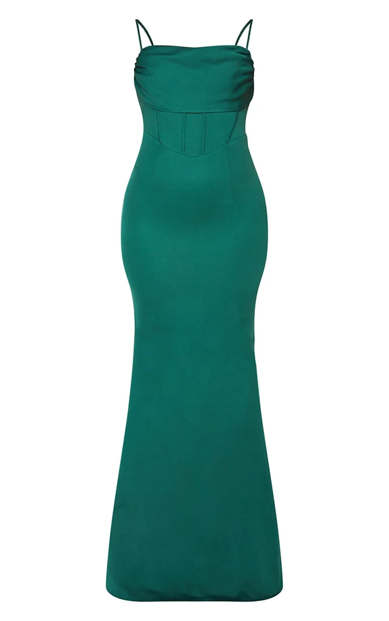 emerald green corset draped strappy bridesmaid dress Women's Sage Green Chiffon Corset Bandeau Draped Midi Dress