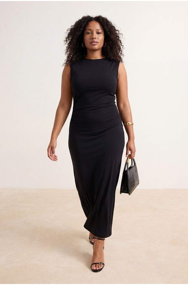 Black Camisole Shoulder Gathered Detailed Knitted Plus Size Dress