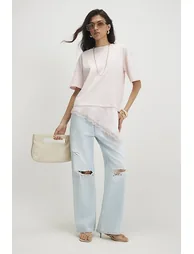 Pink Cotton Lace Hem Asymmetric T-shirt - 3