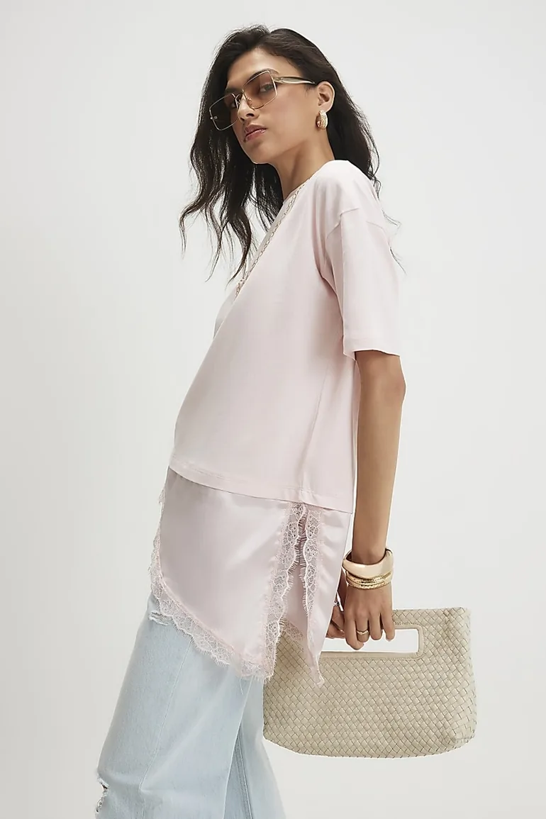 Pink Cotton Lace Hem Asymmetric T-shirt - 1