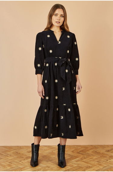 Yumi Black Cosmic Embroidery Cord Midi Shirt Dress