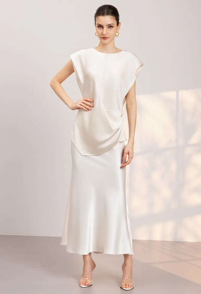 Hi-Lo Drape Ruched Waist Satin Sleeveless Top in Ivory