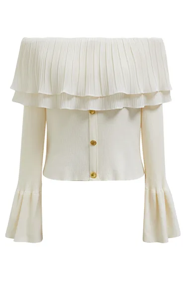 Off-Shoulder Double-Layered Pleated Spliced Knit Top in Cream