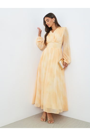 Women Yellow Tie-Dye Balloon Sleeve Maxi Dress