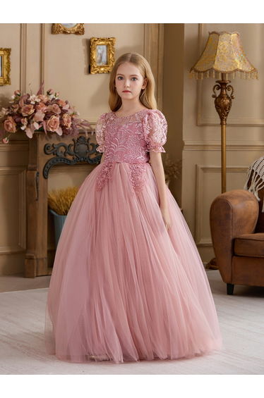 Girls Pink Floral Lace Puff Sleeve Maxi Dress