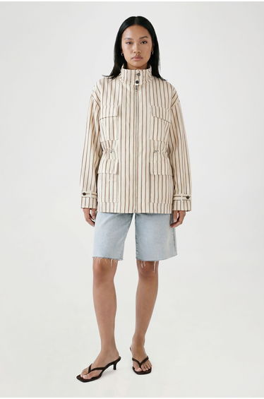 Funnel Neck Cinched Waist Stripe Shirt - ecru