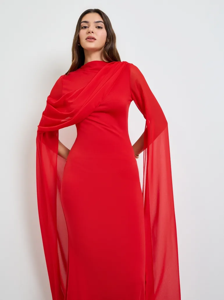 Red Slit Sleeve Draped Maxi Dress - 1