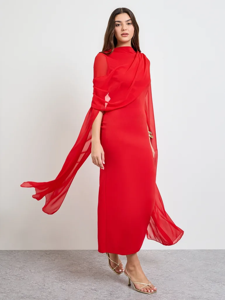 Red Slit Sleeve Draped Maxi Dress - 2