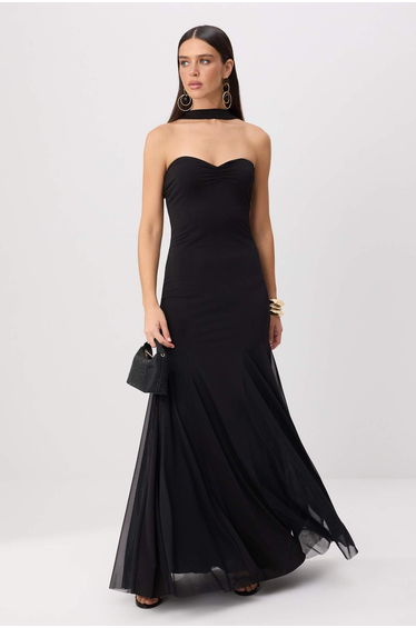 Black Skirt Detailed Knitted Lined Maxi Evening & Graduation Dress