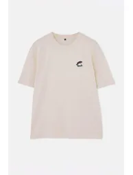 Beige Oversize/Wide Fit Mushroom Embroidered 100% Cotton T-Shirt - 1
