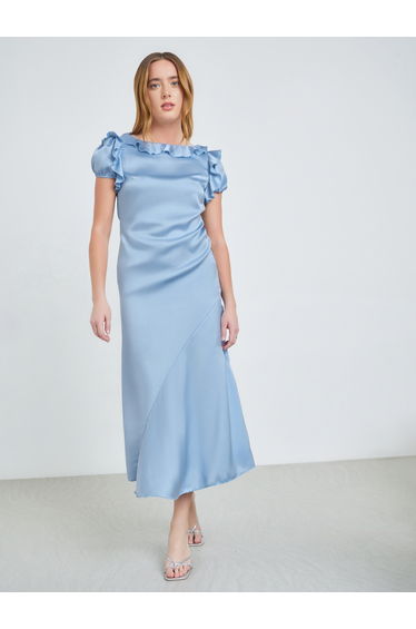 Blue Satin Midi Dress with Ruffle Detail