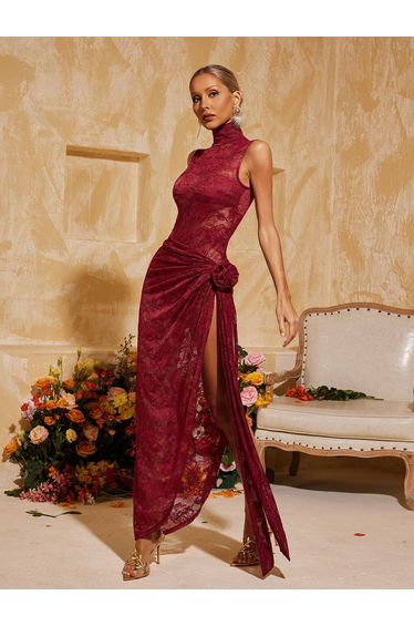 Aelithra High Neck Split Flower Maxi Dress In Wine